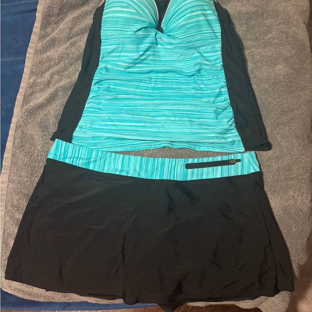 Striped Blue and Black Swimsuit Set